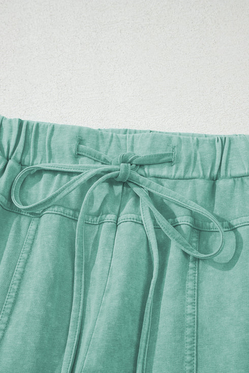 High Waist Mineral Wash Exposed Seam Drawstring Wide Leg Pants